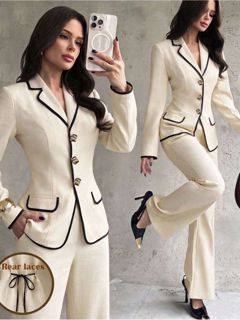 Cream Contrast-Trim Tailored Women's Pantsuit